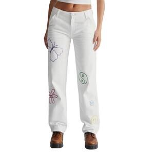NWT PacSun Low Rise Carpenter Pants Womens Size 27 Embroidered White 100% Cotton